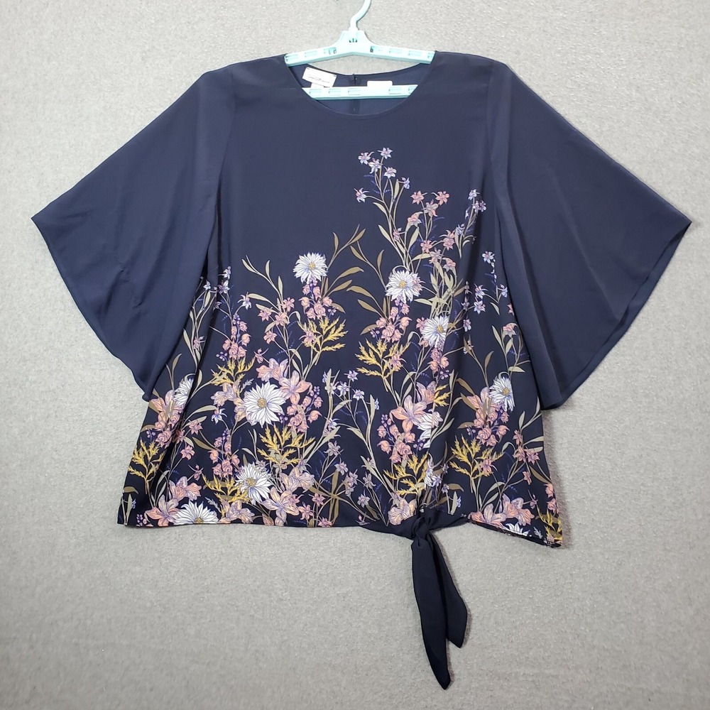 Jaclyn Smith Women Top 2XL Blue Shear Wild Flower Front Tie Kimono Sleeve Flare‎